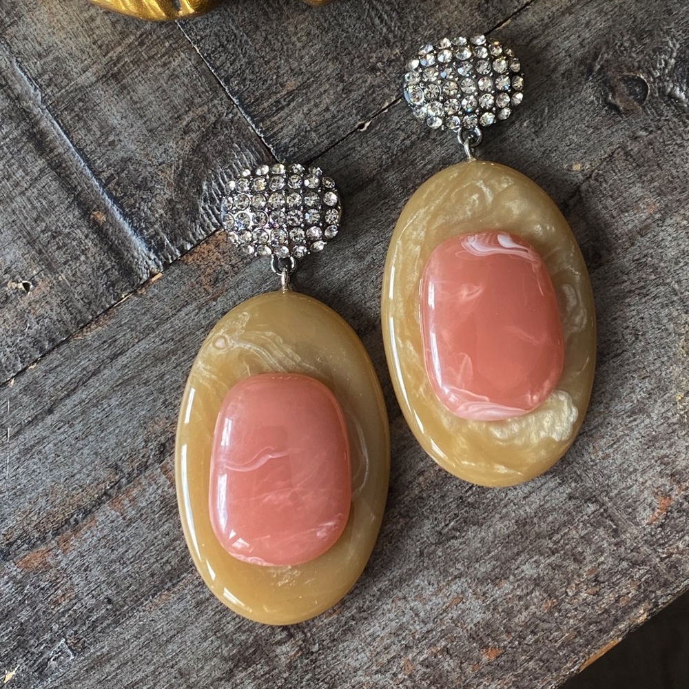 NEW Oval Peach and Butterscotch Statement Earrings with Rhinestones
